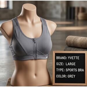 Yvette High Impact Sports Bra Large Grey Front Zip Racerback Mesh